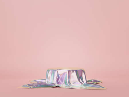 3d render of minimal display podium with metallic cloth design for mock up and product presentation. Pedestal stage with pastel color scene.の写真素材