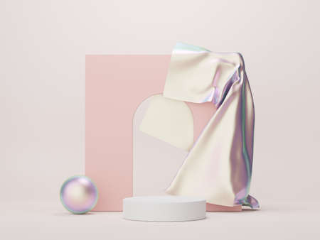 3d render of minimal display podium with metallic cloth design for mock up and product presentation. Pedestal stage with pastel color scene.の写真素材