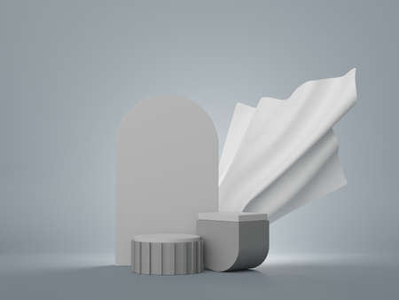 3d render of minimal display podium with metallic cloth design for mock up and product presentation. Pedestal stage with pastel color scene.の写真素材