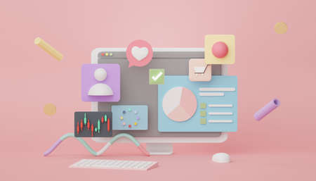 3d render SEO data an analytics. User interface for web banner and mock up. Business graph chart for future planning. Investment management and financial innovations.の写真素材