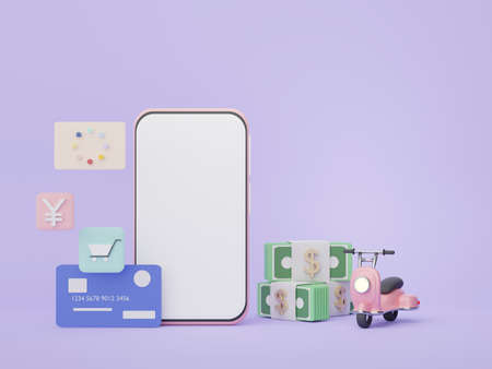 3d render Minimal mini mobile phone or smartphone. Money concepts financial planning. Online shopping. Wealth management franchises. Application shop store on smartphone.の写真素材