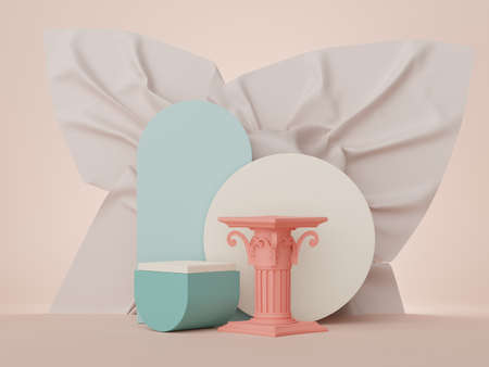 3d render of minimal display podium with metallic cloth design for mock up and product presentation. Pedestal stage with pastel color scene.の写真素材