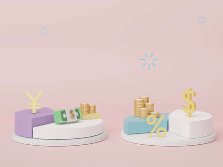 3d render of pie graph and stack of coins with saving money for goal Concept. Minimal pastel scene....