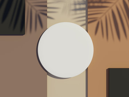 3d render top view of white blank cylinder frame for mock up and display products with shadows of palm leaves and earth tone background. Creative idea concept.の写真素材