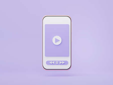 3d render minimal smartphone with audio player button bar on pastel background. Media music icon for control. Video music concept.の写真素材