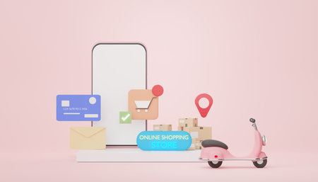 3d render Minimal mini mobile phone or smartphone with credit cards. Mini Scooter parcel delivery on pastel background.の写真素材