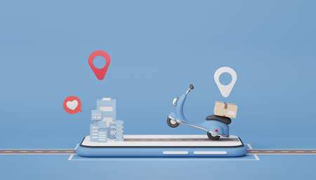 3d render mini Scooter parcel delivery on the road and city town. Online shopping design for web banner and mock up. Online store on platform application concept.の写真素材