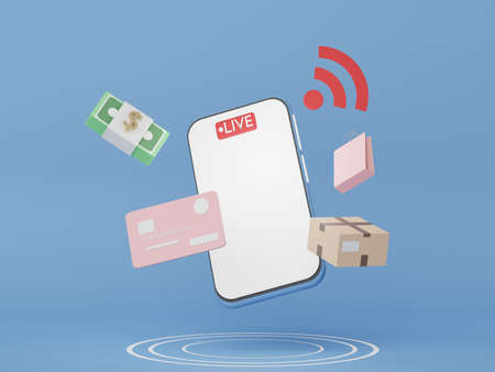 3d render Minimal mini mobile phone or smartphone for work with white copy space for mock up and creative design. Shopping online concept. Live selling product on platform application.の写真素材