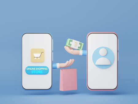 3d render Minimal mini mobile phone or smartphone for work with white copy space for mock up and creative design. Shopping online concept. Live selling product on platform application.の写真素材