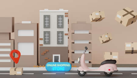 3d render mini Scooter parcel delivery on the road and city town. Online shopping design for web banner and mock up. Online store on platform application concept.の写真素材