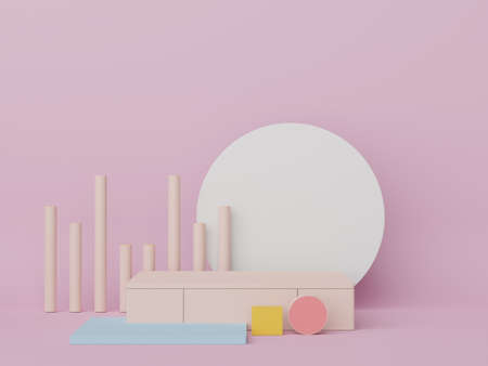 Abstract display podium with minimal geometric shapes design. 3d  rendering scene for mock up and product presentation. Pedestal platform for cosmetic advertise. Various of arch simple shapes.の写真素材