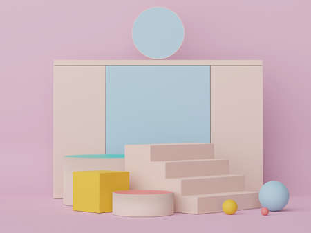 Abstract display podium with minimal geometric shapes design. 3d  rendering scene for mock up and product presentation. Pedestal platform for cosmetic advertise. Various of arch simple shapes.の写真素材