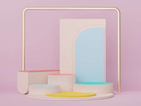 Abstract display podium with minimal geometric shapes design. 3d  rendering scene for mock up and product presentation. Pedestal platform for cosmetic advertise. Various of arch simple shapes.の写真素材