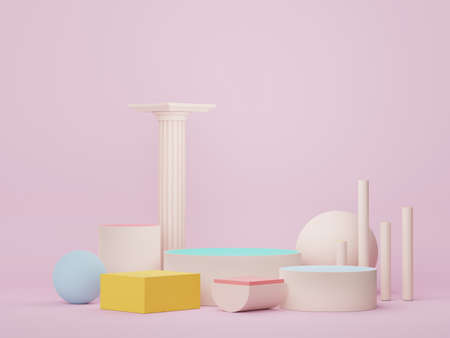 Abstract display podium with minimal geometric shapes design. 3d  rendering scene for mock up and product presentation. Pedestal platform for cosmetic advertise. Various of arch simple shapes.の写真素材