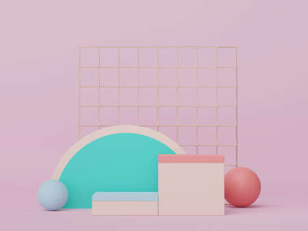 Abstract display podium with minimal geometric shapes design. 3d  rendering scene for mock up and product presentation. Pedestal platform for cosmetic advertise. Various of arch simple shapes.の写真素材