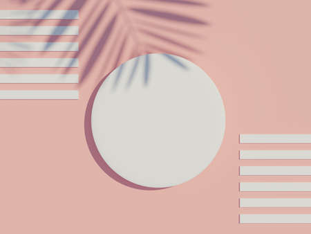 3d render top view of white blank cylinder frame for mock up and display products with shadows of palm leaves and earth tone background. Creative idea concept.の写真素材