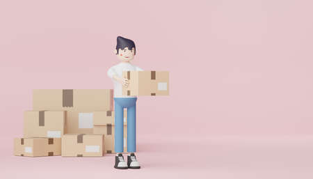 3d render character of men in white T-shirt, blue jeans and black sneakers. Casual stylish male. Delivery young man who hold parcel cardboard. Minimal scene for mock up and web banner.の写真素材