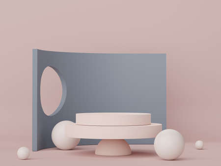 Abstract display podium with minimal geometric shapes design. 3d  rendering scene for mock up and product presentation. Pedestal platform for cosmetic advertise. Various of arch simple shapes.の写真素材