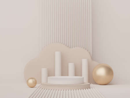 Abstract display podium with minimal geometric shapes design. 3d  rendering scene for mock up and product presentation. Pedestal platform for cosmetic advertise. Various of arch simple shapes.の写真素材