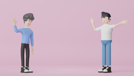 3d render character of men in white T-shirt, blue jeans and black sneakers. Minimal scene for mock up and web banner. Portrait of smart people who smiling with pastel background.の写真素材