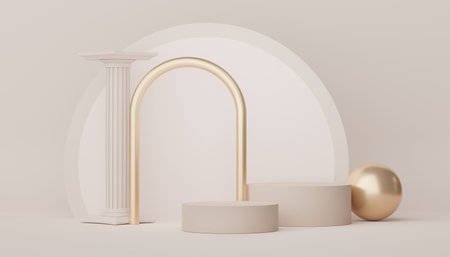 Abstract display podium with minimal geometric shapes design. 3d  rendering scene for mock up and product presentation. Pedestal platform for cosmetic advertise. Various of arch simple shapes.の写真素材