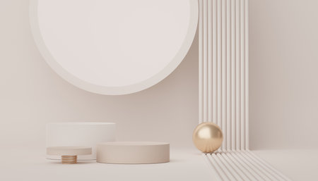 Abstract display podium with minimal geometric shapes design. 3d  rendering scene for mock up and product presentation. Pedestal platform for cosmetic advertise. Various of arch simple shapes.の写真素材