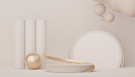 Abstract display podium with minimal geometric shapes design. 3d  rendering scene for mock up and product presentation. Pedestal platform for cosmetic advertise. Various of arch simple shapes.の写真素材