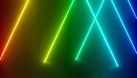 3d render of RGB neon light on darkness background. Abstract Laser lines show at night. Ultraviolet spectrum beam scene for mock up and web banner.の写真素材