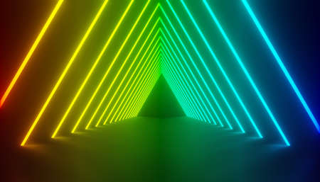 3d render of RGB neon light on darkness background. Abstract Laser lines show at night. Ultraviolet spectrum beam scene for mock up and web banner.の写真素材