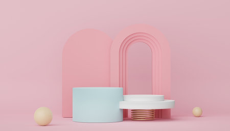 Abstract display podium with minimal geometric shapes design. 3d  rendering scene for mock up and product presentation. Pedestal platform for cosmetic advertise. Various of arch simple shapes.の写真素材