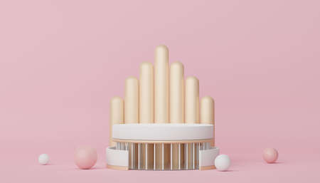 Abstract display podium with minimal geometric shapes design. 3d  rendering scene for mock up and product presentation. Pedestal platform for cosmetic advertise. Various of arch simple shapes.の写真素材