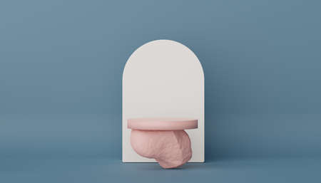 Abstract display podium with minimal geometric shapes design. 3d  rendering scene for mock up and product presentation. Pedestal platform for cosmetic advertise. Various of arch simple shapes.の写真素材