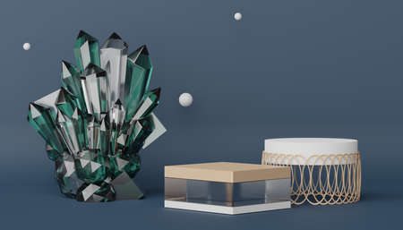 Abstract display podium with minimal geometric shapes design. 3d  rendering scene for mock up and product presentation. Pedestal platform for cosmetic advertise. Various of arch simple shapes.の写真素材