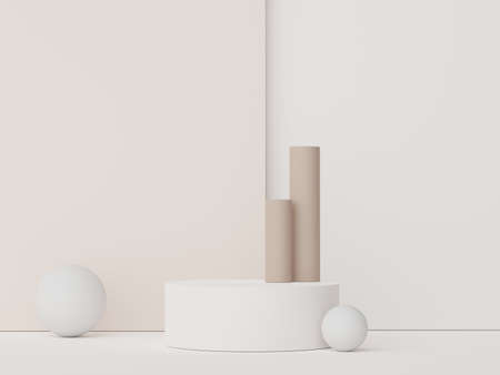 Abstract display podium with minimal geometric shapes design. 3d  rendering scene for mock up and product presentation. Pedestal platform for cosmetic advertise. Various of arch simple shapes.の写真素材