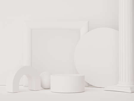 Abstract display podium with minimal geometric shapes design. 3d  rendering scene for mock up and product presentation. Pedestal platform for cosmetic advertise. Various of arch simple shapes.の写真素材