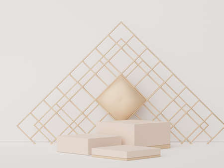 Abstract display podium with minimal geometric shapes design. 3d  rendering scene for mock up and product presentation. Pedestal platform for cosmetic advertise. Various of arch simple shapes.の写真素材