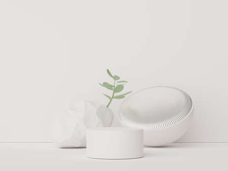 Abstract display podium with minimal geometric shapes design. 3d  rendering scene for mock up and product presentation. Pedestal platform for cosmetic advertise. Various of arch simple shapes.の写真素材