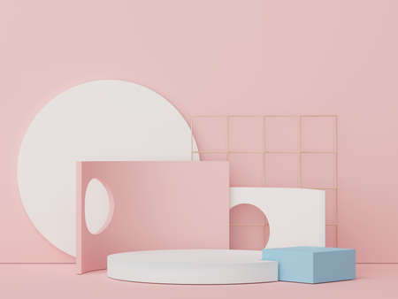 Abstract display podium with minimal geometric shapes design. 3d  rendering scene for mock up and product presentation. Pedestal platform for cosmetic advertise. Various of arch simple shapes.の写真素材