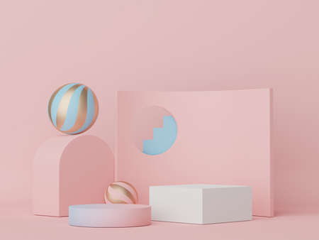 Abstract display podium with minimal geometric shapes design. 3d  rendering scene for mock up and product presentation. Pedestal platform for cosmetic advertise. Various of arch simple shapes.の写真素材
