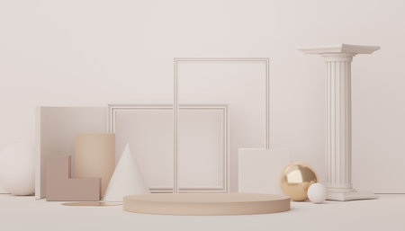Podium for product placement with Retro modern and contemporary design. 3d rendering minimal scene for mock up and showing brand. Pedestal platform for cosmetic advertise.の写真素材