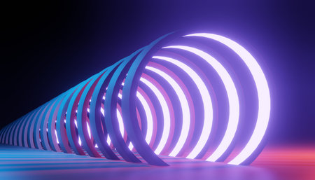 3d render of RGB neon light on darkness background. Abstract Laser lines show at night. Ultraviolet spectrum beam scene for mock up and web banner.の写真素材