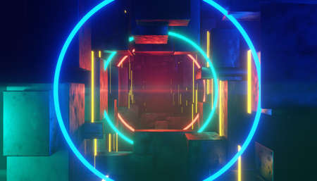 3d render of RGB neon light on darkness background. Abstract Laser lines show at night. Ultraviolet spectrum beam scene for mock up and web banner.の写真素材