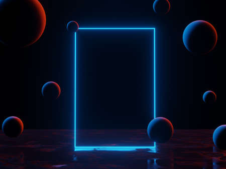 3d render of RGB neon light on darkness background. Abstract Laser lines show at night. Ultraviolet spectrum beam scene for mock up and web banner.の写真素材