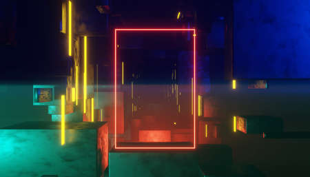 3d render of RGB neon light on darkness background. Abstract Laser lines show at night. Ultraviolet spectrum beam scene for mock up and web banner.の写真素材