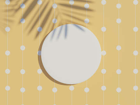 3d render top view of white blank cylinder frame for mock up and display products with shadows of palm leaves and earth tone background. Creative idea concept.の写真素材