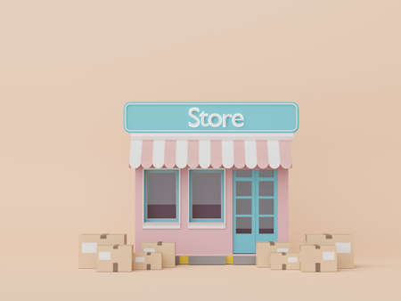 3d render of brown cardboard boxes parcel for mock up and creative design. Shopping online concept. Online delivery concept with pastel background. Packaging for express transportation service.の写真素材
