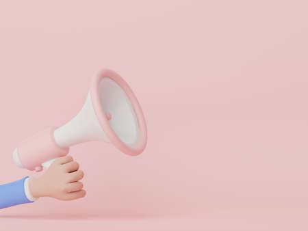 3d render of megaphone with speech bubble and copy space for mock up and web banner. Cartoon loudspeaker on pastel background.の写真素材