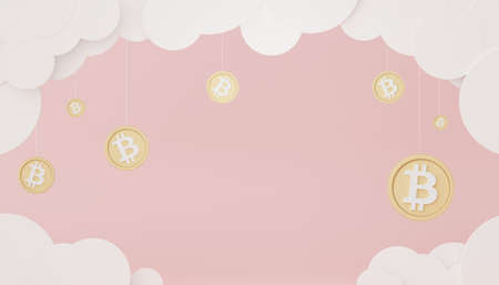 3d render of stack of bitcoins and gold in saving money for goal Concept. Minimal pastel scene....