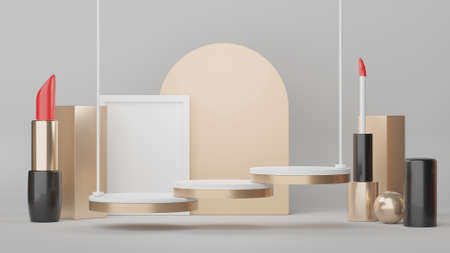 3d Display Podium for product and cosmetic presentation with lipstick and modern geometric. Platform for mock up and showing brand. Minimal clean design. Rendering platform luxury scene.の写真素材