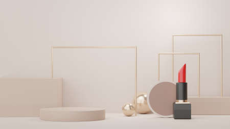3d Display Podium for product and cosmetic presentation with lipstick and modern geometric. Platform for mock up and showing brand. Minimal clean design.の写真素材